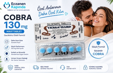 Cobra 130 mg mavi tablet hakkında bilgi veren ürün tanıtım banneri ürün resmi ve bir çift görseli ile genel bilgiler