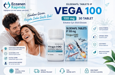 Vega 100 mg 30 tablet ürün tanıtım banneri bir kadın ve bir erkek ayrıca ürün kutusunun görseli