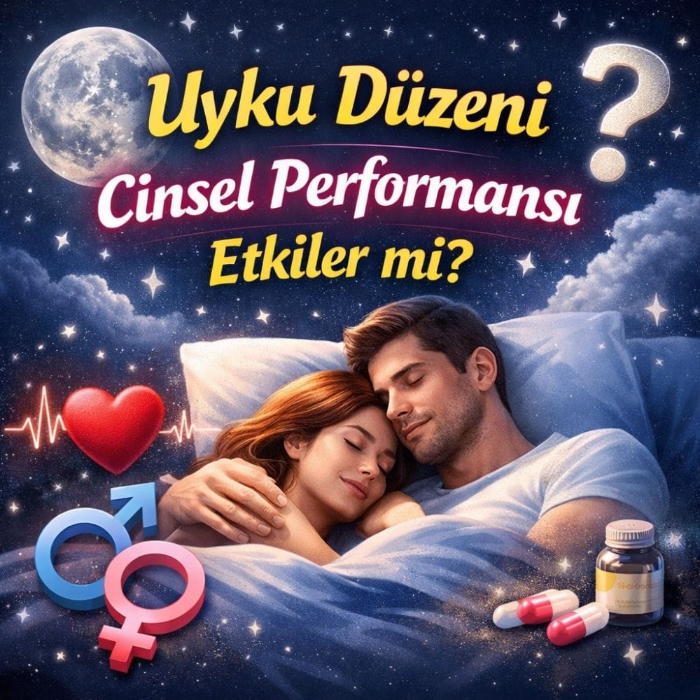 Uyku düzeninin cinsel performans üzerindeki etkisini anlatan, gece temalı bilgilendirici blog banner görseli