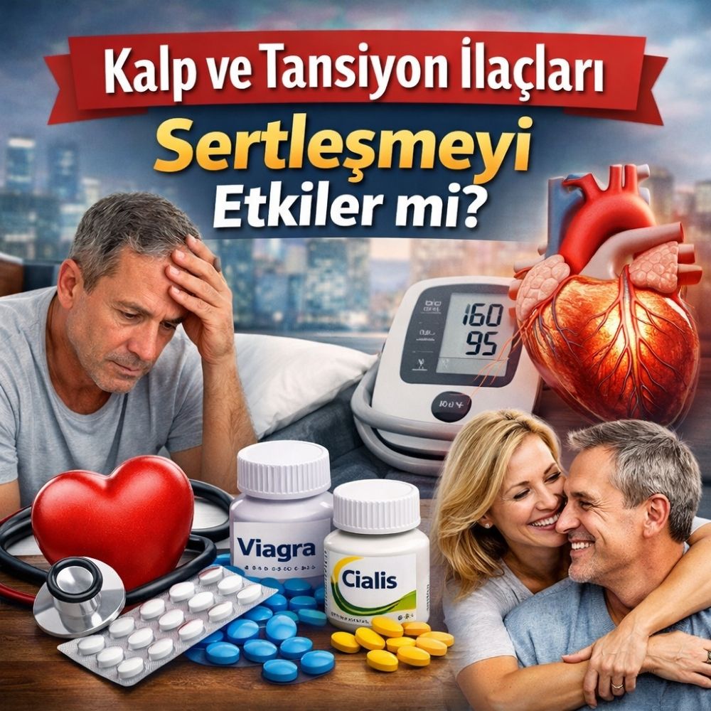 Kalp ve tansiyon ilaçlarının sertleşme üzerindeki etkisini anlatan, tansiyon aleti, kalp modeli ve ilaçlarla desteklenmiş görsel