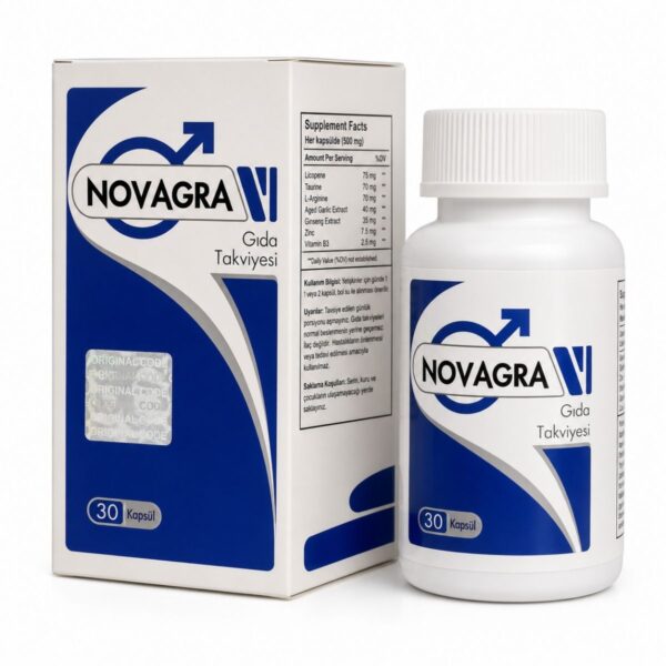 Novagra 30 kapsüllük gıda takviyesi şişesi ve lacivert-beyaz kutusu